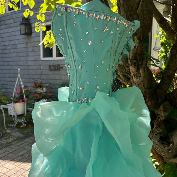 Turquoise Strapless Ruffled Gown - Picture 4 of 5
